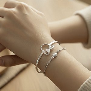 PULSEIRA FOLHEDA RODIO BRANCO BRACELETE MINNIE COM CORRENTINHA