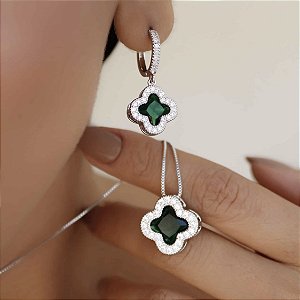 Conjunto Banhado ródio branco com Pedra  verde