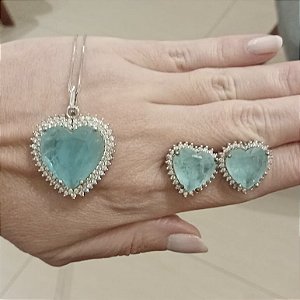 Conjunto banhado ródio branco coração pedra fusion