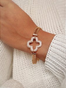 Pulseira banhada ouro 18k trevo cravejado