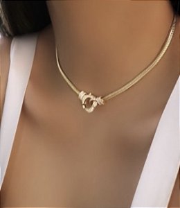 Colar banhado ouro 18k fita com fecho cravejado