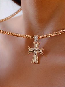 Colar Banhado ouro 18k Cruz com Espírito Santo Cravejado