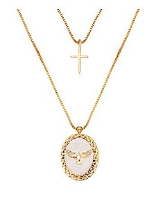 COLAR  DUPLO CRUZ COM ESPIRITO SANTO FOLHEADO OURO 18K