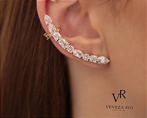 BRINCO EARCUFF CRISTAL FOLHEADA OURO 18K