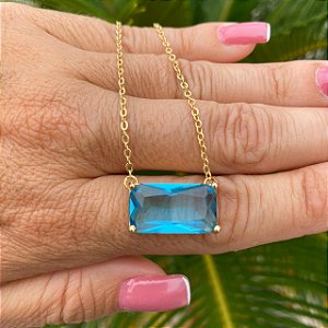 COLAR FOLHEADO OURO 18K RETANGULO AZUL CLARO