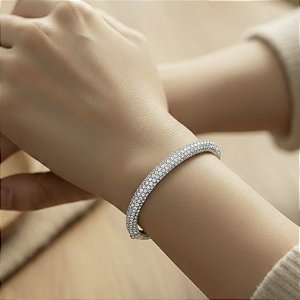 BRACELETE FOLHEADA RODIO BRANCO COM MICRO ZIRCÔNIAS CRAVEJADAS