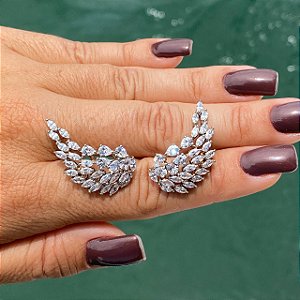 BRINCO FOLHEADO RODIO BRANCO  ASA EAR CUFF COM CRISTAIS NAVETE