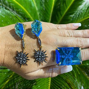 Conjunto Anel E Brinco Folheado Ouro 18K Estrela Com Cristal Azul