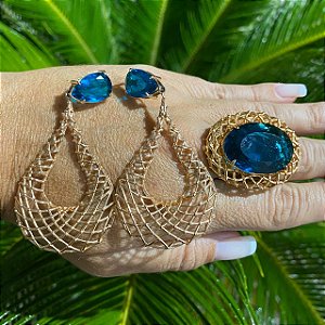 CONJUNTO ANEL E BRINCO FOLHEADO OURO 18K GOTA COM CRISTAL AZUL