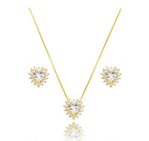 CONJUNTO FOLHEADO OURO 18K CORAÇÃO  MICRO ZIRCÔNIA CRISTAL