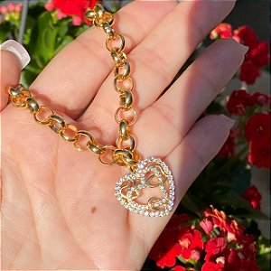 PULSEIRA FOLHEADA OURO18K ELO PORTUGUES COM PINGETE DE CORAÇÃO CRAVEJADO