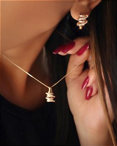 CONJUNTO  FOLHEADO OURO 18K PINGENTE  CRAVEJADO