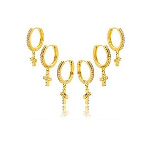 TRIO BANHADO OURO 18K ARGOLAS COM CRUZ