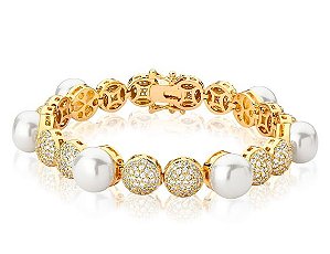 Pulseira Banhado Ouro 18K Perola Com Bolas Cravejadas