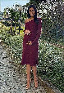 Vestido Gestante Midi Canelado Mariza Marsala