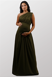 Vestido Gestante Poliamida Drapeado Ombro Só Camila Verde Oliva