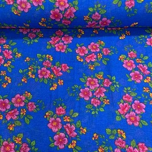 Chita Mini Floral Fundo Azul Flores Rosa