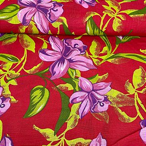 Chita Maxi Floral Fundo Vermelho Flores Rosa