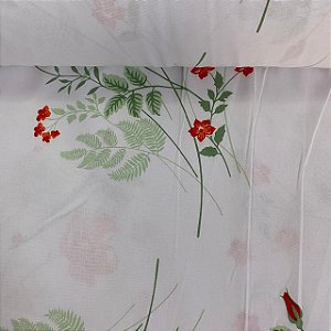 Percal Estampado 180 Fios Fundo Branco com Raminhos e Florzinhas Vermelhas