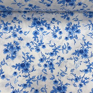 Tricoline Estampada Floral Azul Fundo Branco
