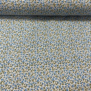 Tricoline Estampada Fundo Clarinho Com Florzinhas Azuis e Raminhos Verde