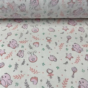 Fralda Dupla Estampada Passárinho e Corações Rosa - Unidade 0,80cm x 0,80cm