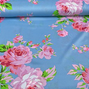 Oxford Estampado Fundo Azul Claro Com Rosas