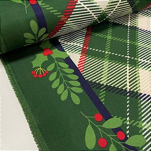 Oxford Estampado de Natal Barrado com Floral e Xadrez Fundo Verde