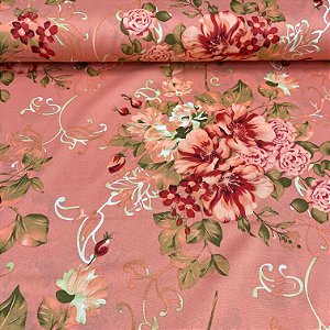 Oxford Estampado Fundo Rosê Com Flores Rosê e Vermelho