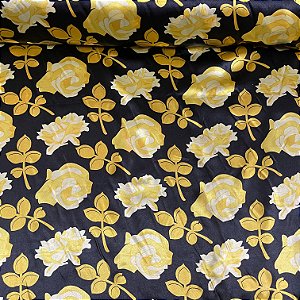 Cetim Estampado Fundo Preto Floral Amarelo