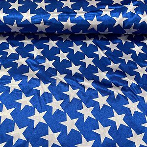 Cetim Estampado Fundo Azul Com Estrelas Brancas