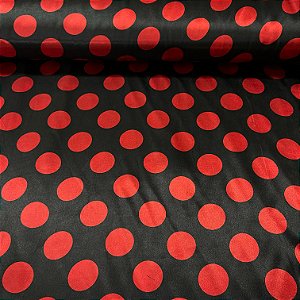 Cetim Estampado Fundo Preto Poá Vermelho