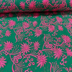 Laise Bicolor Bordada Bandeira Folhagens Rosa