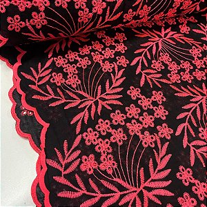 Layse Bordada Preta Com Floral Rosa Neon