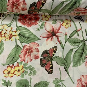 Percal De Microfibra Estampado Fundo Clarinho com Floral e Borboletas
