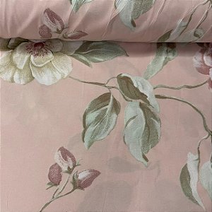 Percal De Microfibra Estampado Fundo Rosa com Floral Manteiga e Rosa