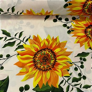 Percal De Microfibra Estampado Fundo Marfim com Girassol Grande