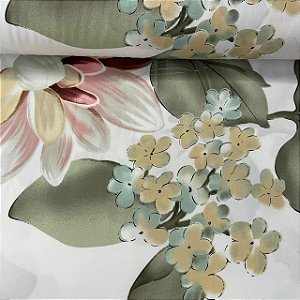 Percal De Microfibra Estampado Branco com Floral em Tons de Verde