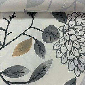 Percal De Microfibra Estampado Fundo Branco Folhas Cinza