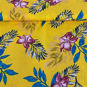 Viscolinho Estampado Fundo Amarelo Com Floral Colorido