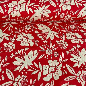 Viscolinho Estampado Fundo Vermelho Com Flores Bege