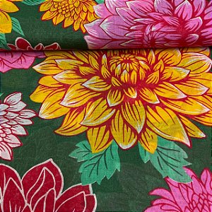 Chita Maxi Floral Fundo Verde Floral Amarelo e Rosa
