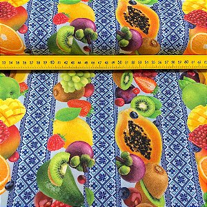 Tricoline Digital Estampada Barrado Com Frutas E Formas Azuis
