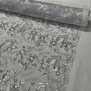 Tule Bordado Cord Spangle Étnico Branco