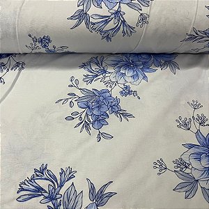 Percal Estampado 180 Fios Fundo Branco Floral Azul