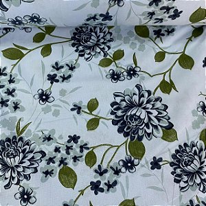 Percal Estampado 180 Fios Fundo Branco com Raminhos Verdes e Floral Grande