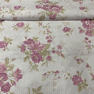 Percal Estampado 180 Fios Fundo Branco Com Poazinhos e Florzinhas Rosas