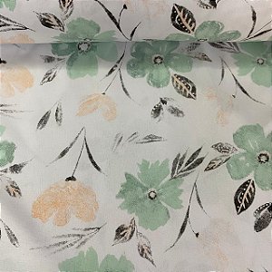 Percal Estampado 180 Fios Com Fundo Branco com Florzinhas Amarelas e Verdes