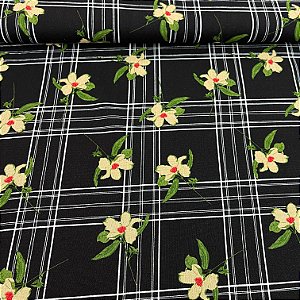 Linho Com Viscose Estampado Com Fundo Preto Quadriculados e Florzinhas Amarelas
