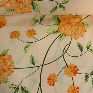 Percal Estampado 180 Fios Com Flores Amarelas e Raminhos Verdes